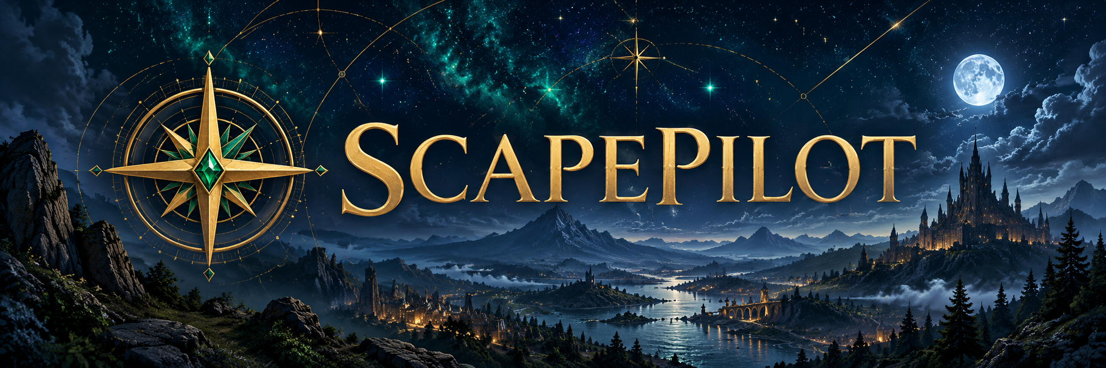ScapePilot compass and wordmark over a moonlit fantasy landscape
